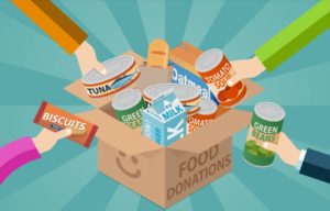 Animated image of a food donation box full of canned food with four arms reaching to place more food items into the box.