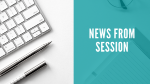 Image showing a desk with a laptop, pens, and paper. In a blue box, the title says News from Session.